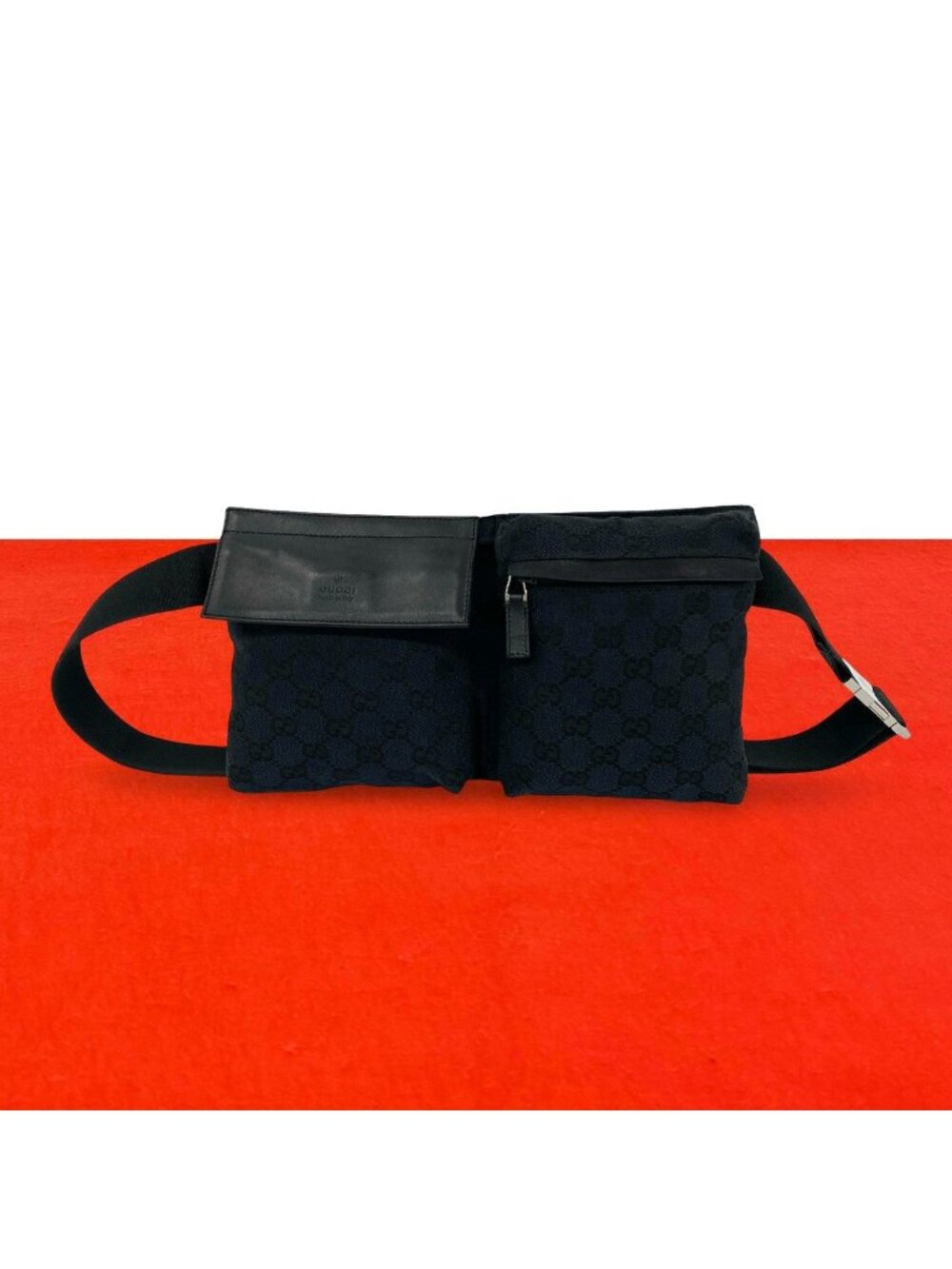 Gucci GG Pattern Canvas Logo Stamp Leather Belt Bag Waist Pouch Black